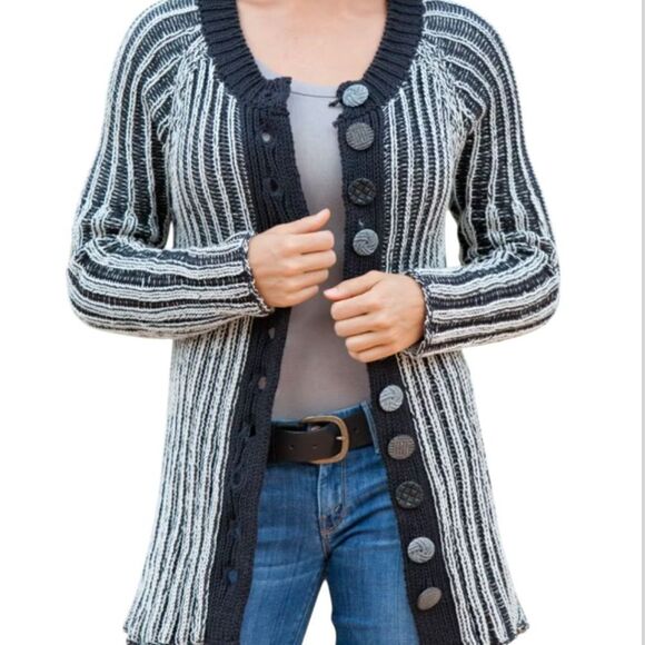 Pure Brand Black White English Handmade Cotton Cardigan Sweater Medium Large - Picture 1 of 12